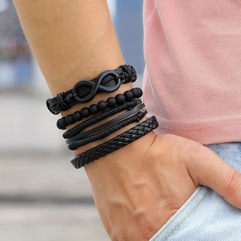 Vintage Beaded Leather Bracelet Set 4pcs Mbius Strip Design