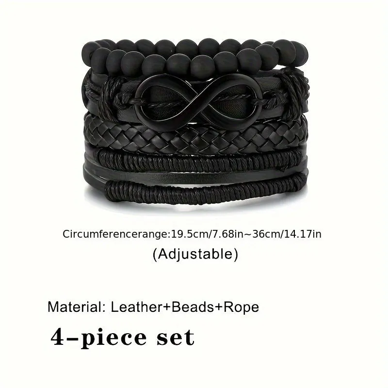 Vintage Beaded Leather Bracelet Set 4pcs Mbius Strip Design