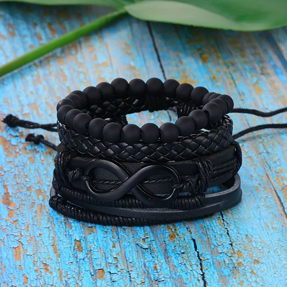 Vintage Beaded Leather Bracelet Set 4pcs Mbius Strip Design