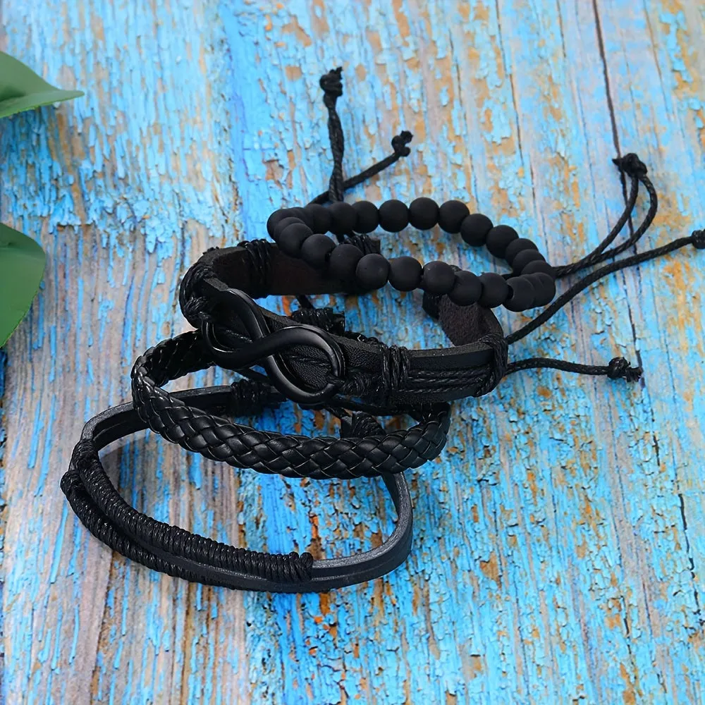 Vintage Beaded Leather Bracelet Set 4pcs Mbius Strip Design