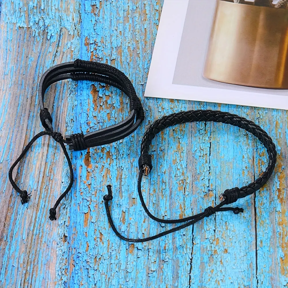 Vintage Beaded Leather Bracelet Set 4pcs Mbius Strip Design