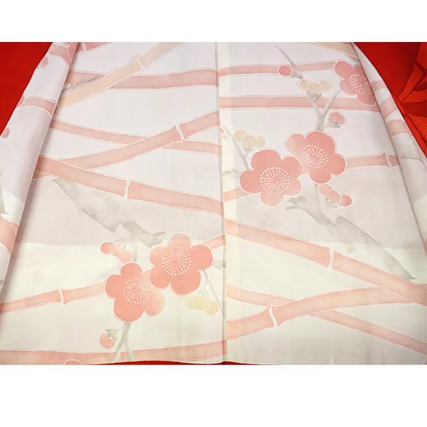 Vintage Haori Kimono Jacket Silk, Bright Red base, Leaf Motif