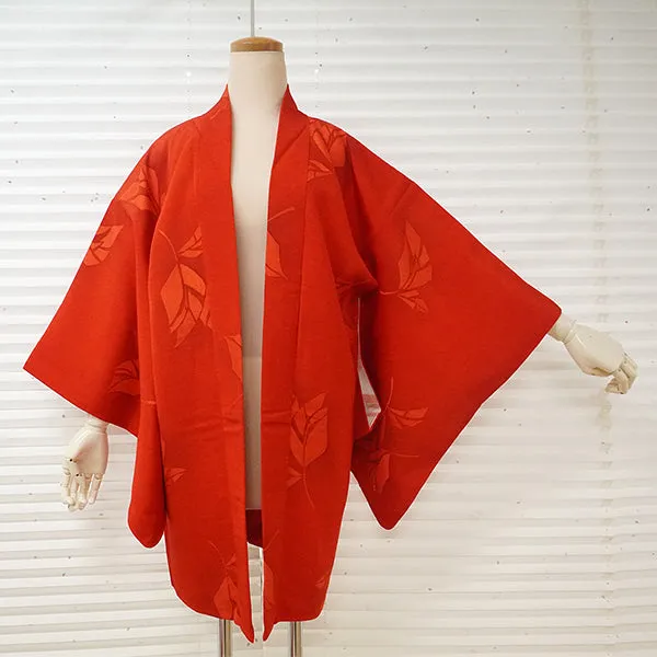 Vintage Haori Kimono Jacket Silk, Bright Red base, Leaf Motif