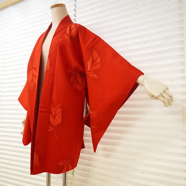 Vintage Haori Kimono Jacket Silk, Bright Red base, Leaf Motif