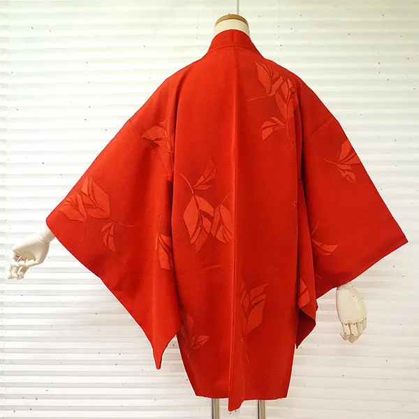 Vintage Haori Kimono Jacket Silk, Bright Red base, Leaf Motif