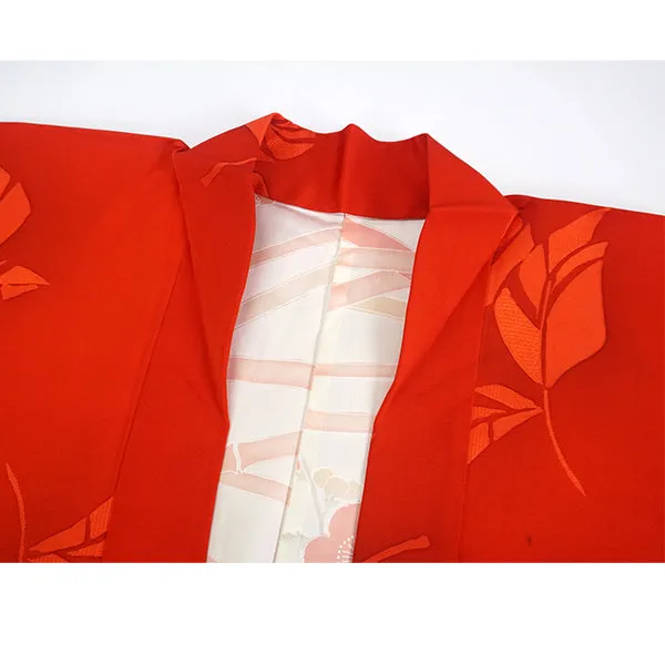 Vintage Haori Kimono Jacket Silk, Bright Red base, Leaf Motif