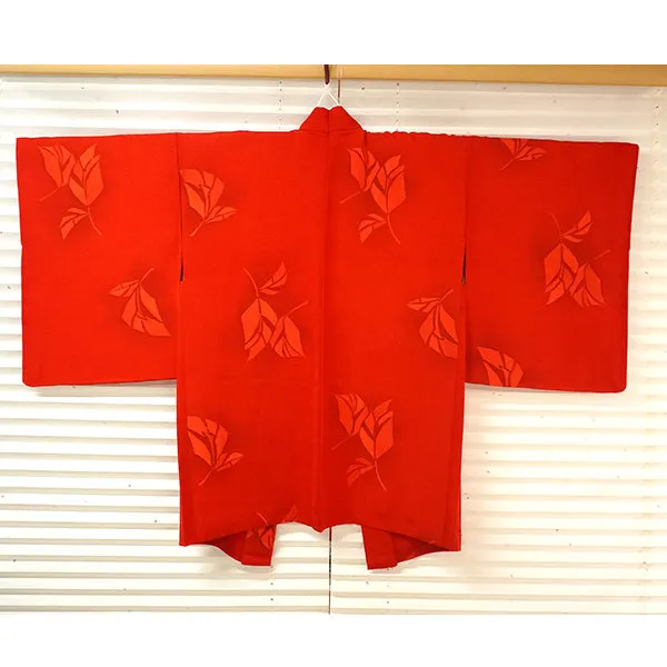 Vintage Haori Kimono Jacket Silk, Bright Red base, Leaf Motif