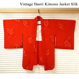 Vintage Haori Kimono Jacket Silk, Bright Red base, Leaf Motif