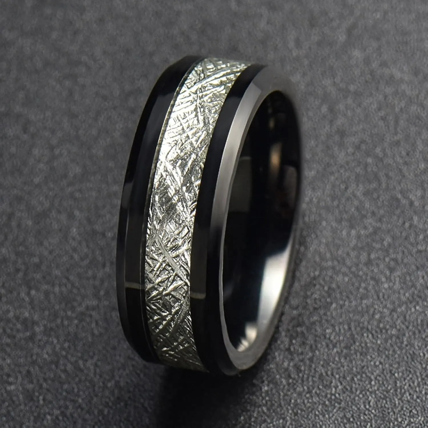 Vintage Rings for Men, Stainless Steel Engagement Rings 8mm Black Ring Inlay Silver Metal Engagement Couple Rings
