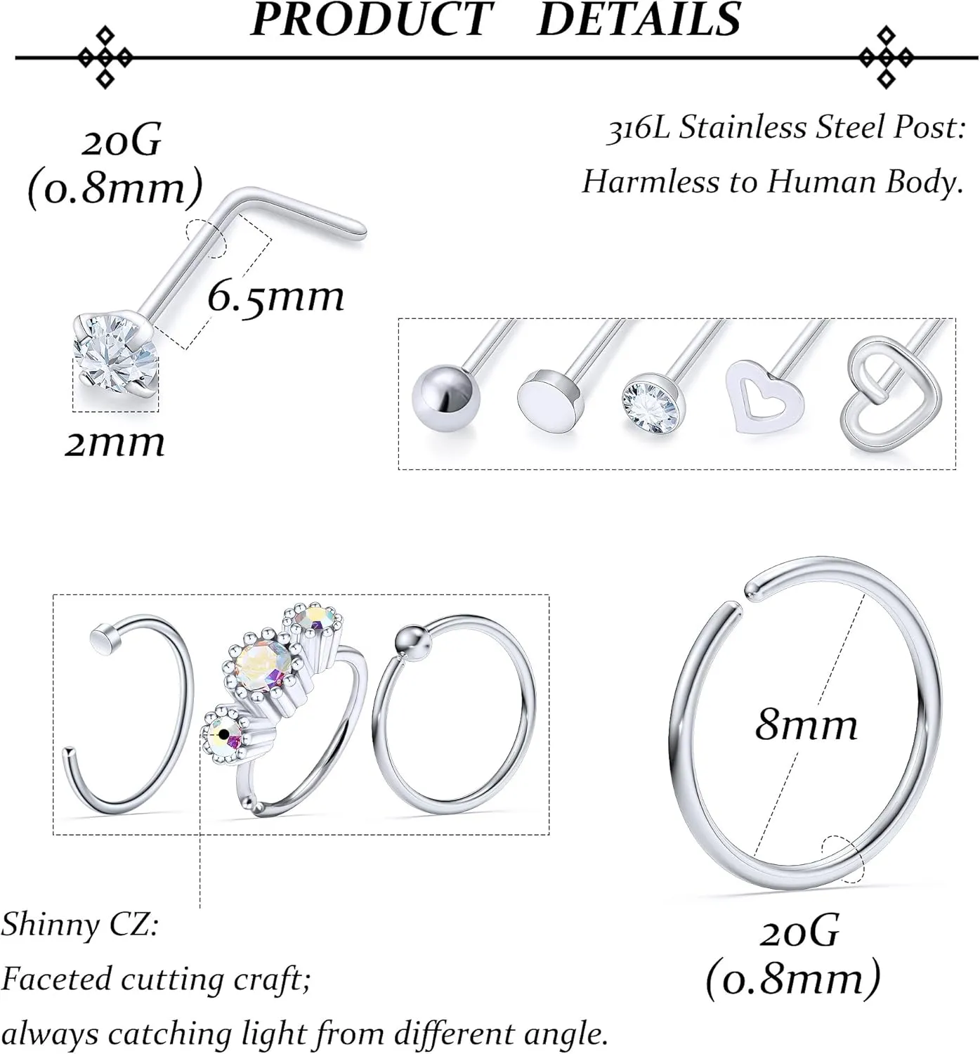 Vsnnsns 20G Nose Rings Studs Piercing Jewelry for Women 316L Surgical Stainless Steel L Shaped Corkscrew Straight Butterfly Heart Diamond CZ Hoop Nose Rings Studs Nostril Piercing Jewelry Silver Gold