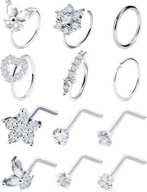 Vsnnsns 20G Nose Rings Studs Piercing Jewelry for Women 316L Surgical Stainless Steel L Shaped Corkscrew Straight Butterfly Heart Diamond CZ Hoop Nose Rings Studs Nostril Piercing Jewelry Silver Gold