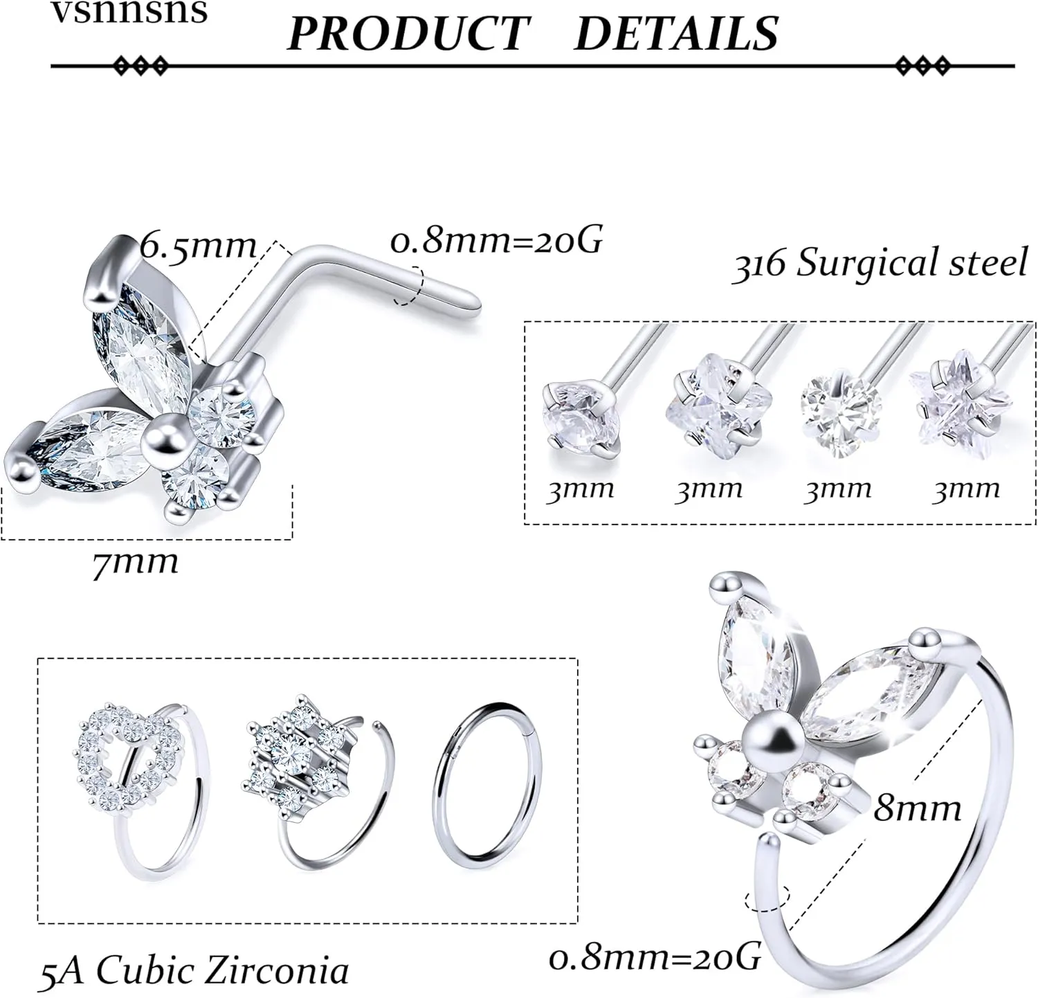 Vsnnsns 20G Nose Rings Studs Piercing Jewelry for Women 316L Surgical Stainless Steel L Shaped Corkscrew Straight Butterfly Heart Diamond CZ Hoop Nose Rings Studs Nostril Piercing Jewelry Silver Gold