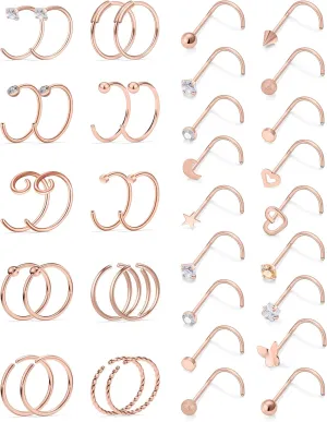 Vsnnsns 20G Nose Rings Studs Piercing Jewelry for Women 316L Surgical Stainless Steel L Shaped Corkscrew Straight Butterfly Heart Diamond CZ Hoop Nose Rings Studs Nostril Piercing Jewelry Silver Gold