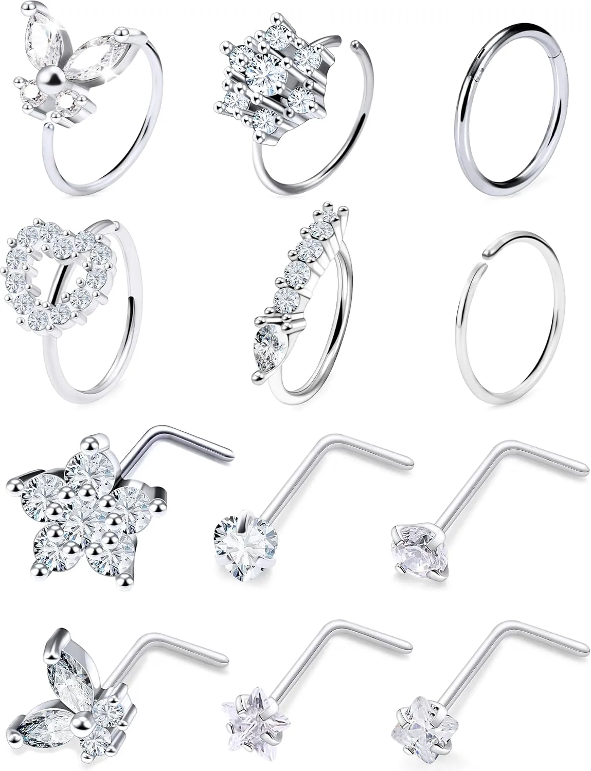 Vsnnsns 20G Nose Rings Studs Piercing Jewelry for Women 316L Surgical Stainless Steel L Shaped Corkscrew Straight Butterfly Heart Diamond CZ Hoop Nose Rings Studs Nostril Piercing Jewelry Silver Gold