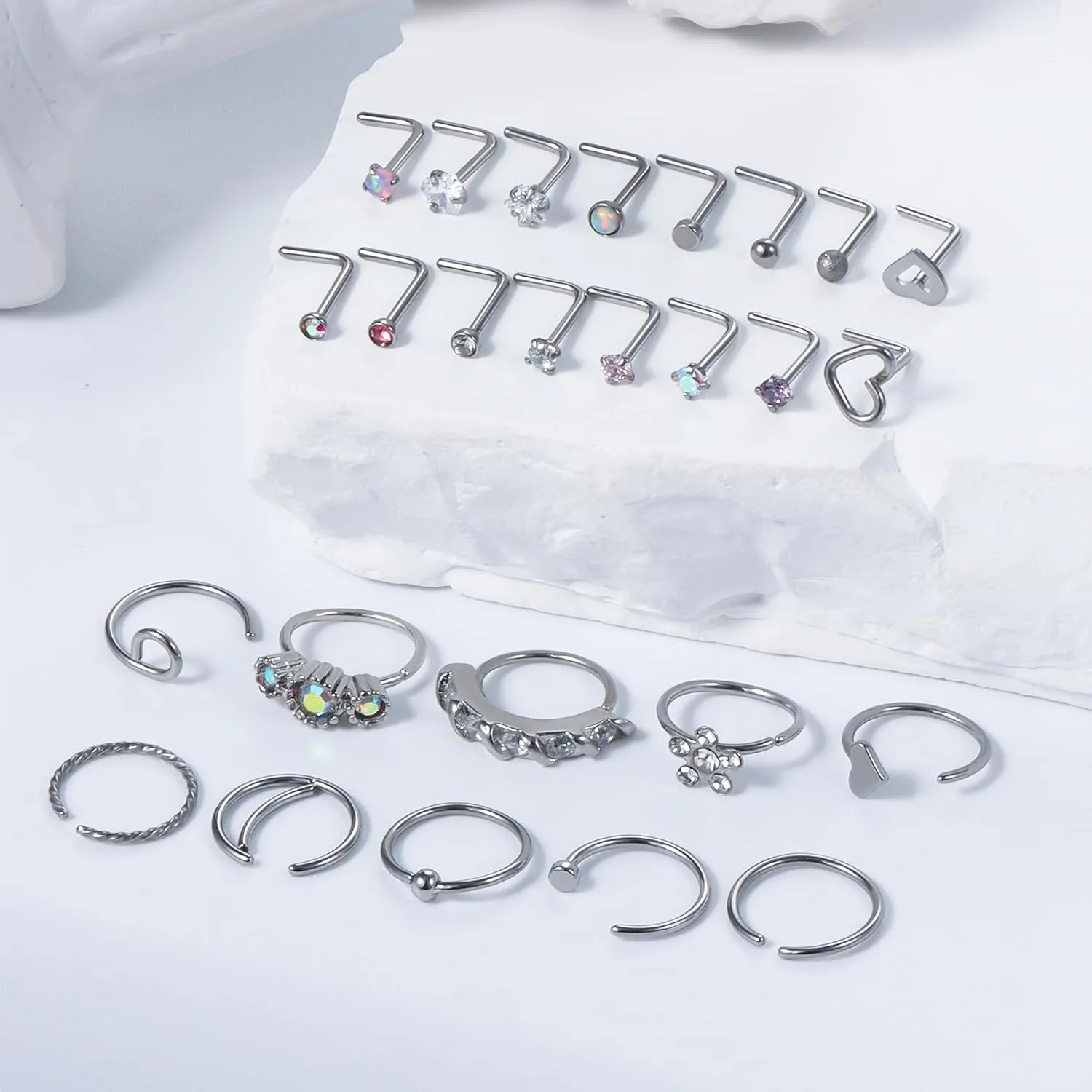 Vsnnsns 20G Nose Rings Studs Piercing Jewelry for Women 316L Surgical Stainless Steel L Shaped Corkscrew Straight Butterfly Heart Diamond CZ Hoop Nose Rings Studs Nostril Piercing Jewelry Silver Gold
