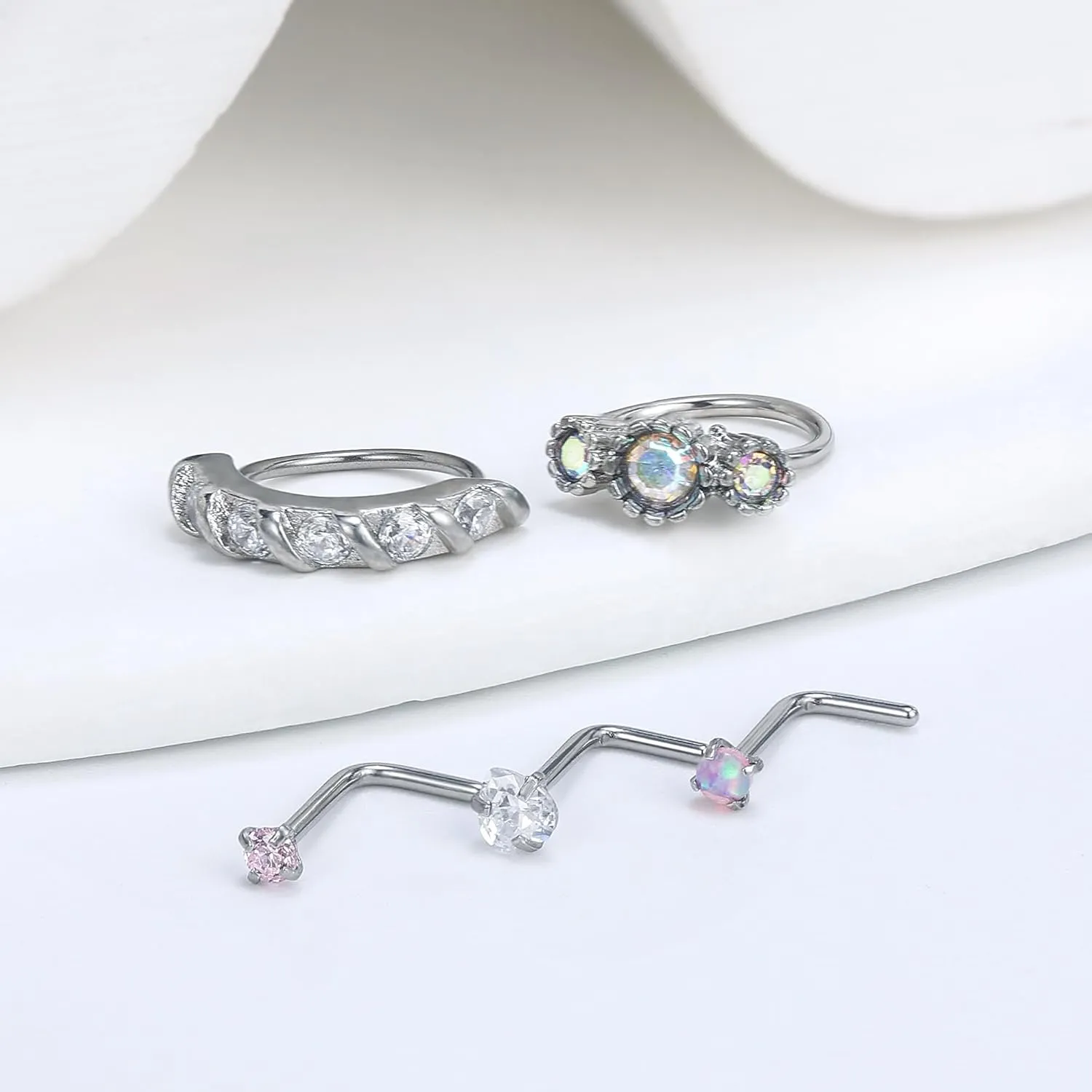Vsnnsns 20G Nose Rings Studs Piercing Jewelry for Women 316L Surgical Stainless Steel L Shaped Corkscrew Straight Butterfly Heart Diamond CZ Hoop Nose Rings Studs Nostril Piercing Jewelry Silver Gold