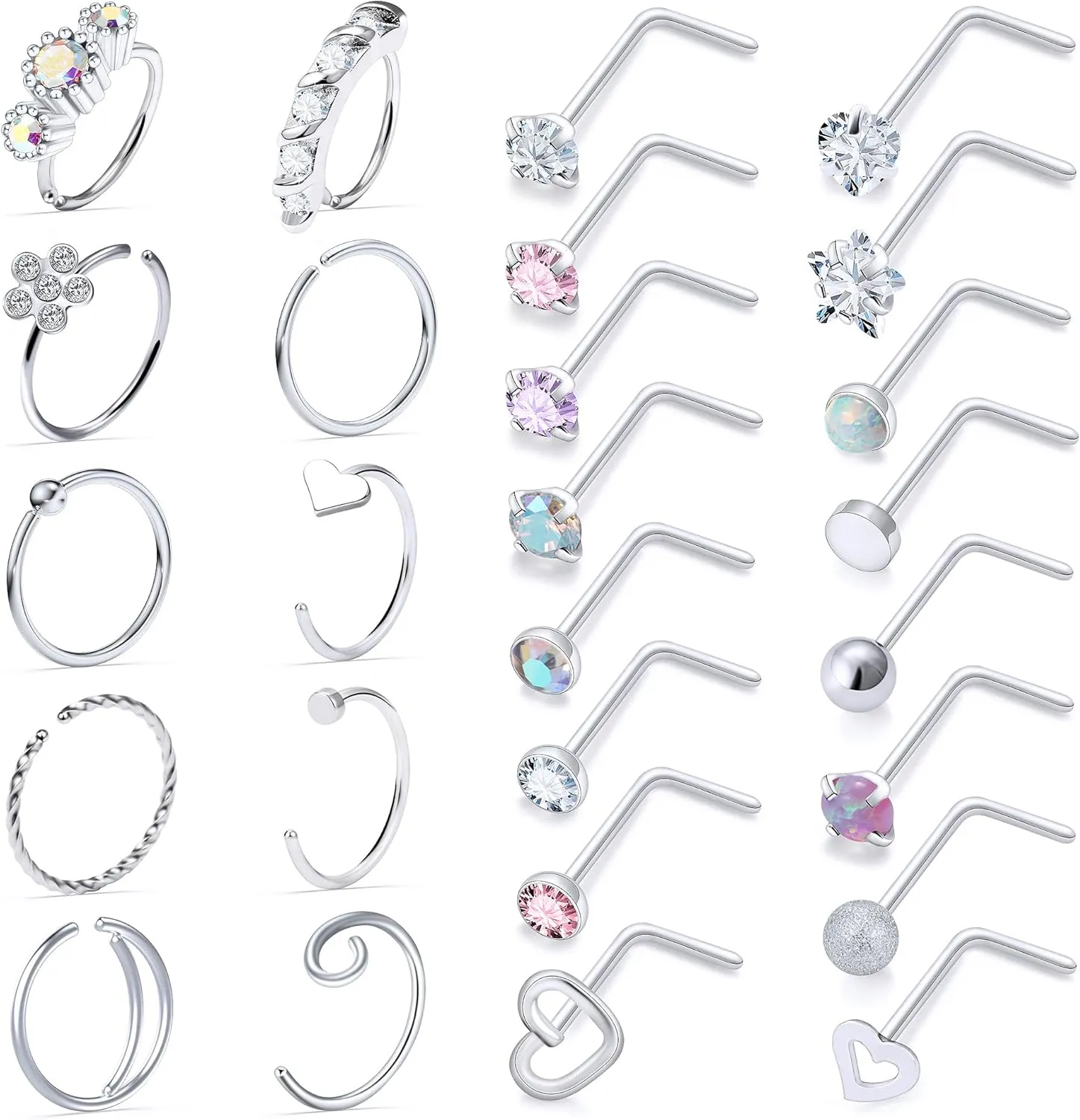 Vsnnsns 20G Nose Rings Studs Piercing Jewelry for Women 316L Surgical Stainless Steel L Shaped Corkscrew Straight Butterfly Heart Diamond CZ Hoop Nose Rings Studs Nostril Piercing Jewelry Silver Gold