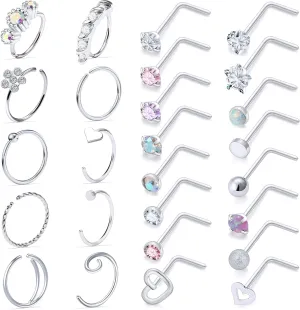 Vsnnsns 20G Nose Rings Studs Piercing Jewelry for Women 316L Surgical Stainless Steel L Shaped Corkscrew Straight Butterfly Heart Diamond CZ Hoop Nose Rings Studs Nostril Piercing Jewelry Silver Gold
