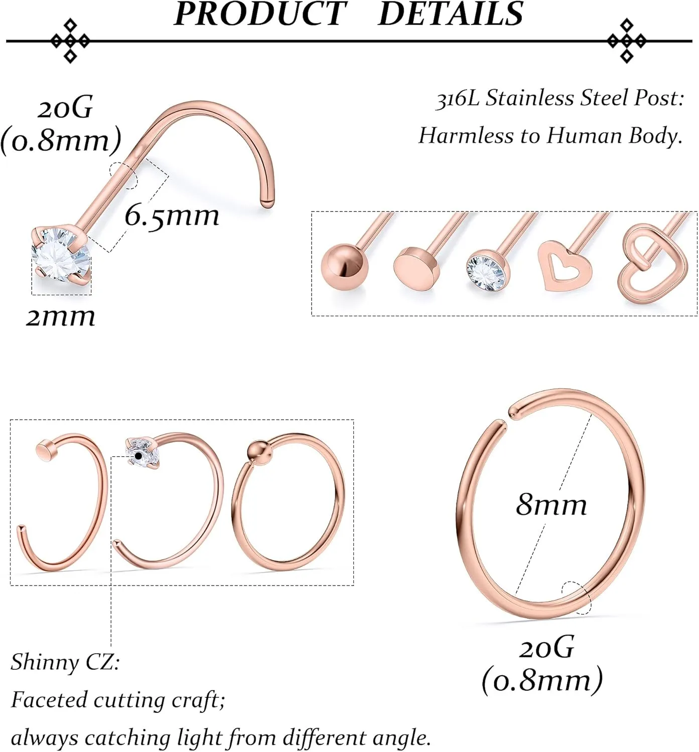 Vsnnsns 20G Nose Rings Studs Piercing Jewelry for Women 316L Surgical Stainless Steel L Shaped Corkscrew Straight Butterfly Heart Diamond CZ Hoop Nose Rings Studs Nostril Piercing Jewelry Silver Gold
