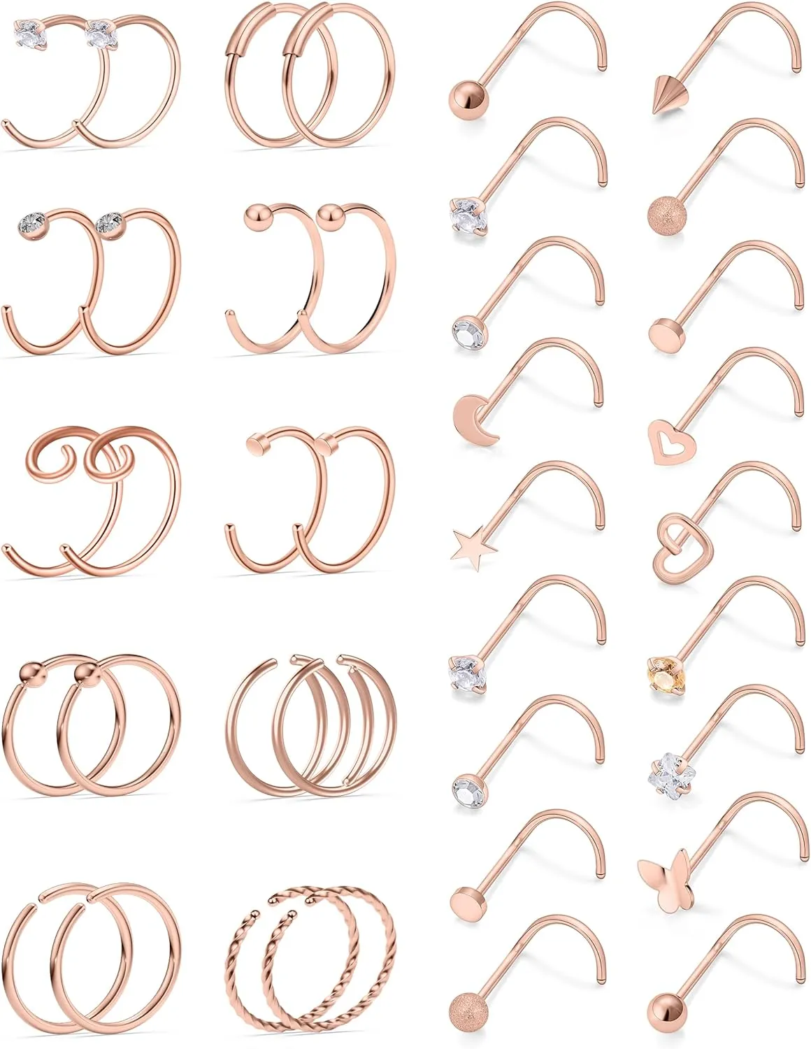 Vsnnsns 20G Nose Rings Studs Piercing Jewelry for Women 316L Surgical Stainless Steel L Shaped Corkscrew Straight Butterfly Heart Diamond CZ Hoop Nose Rings Studs Nostril Piercing Jewelry Silver Gold
