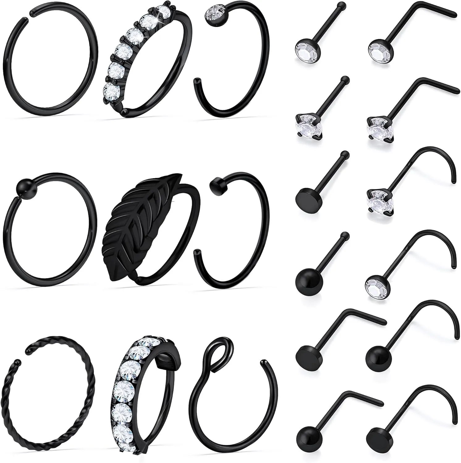 Vsnnsns 20G Nose Rings Studs Piercing Jewelry for Women 316L Surgical Stainless Steel L Shaped Corkscrew Straight Diamond CZ Hoop Nose Rings Studs Nostril Piercing Jewelry Hypoallergenic 20 Gauge