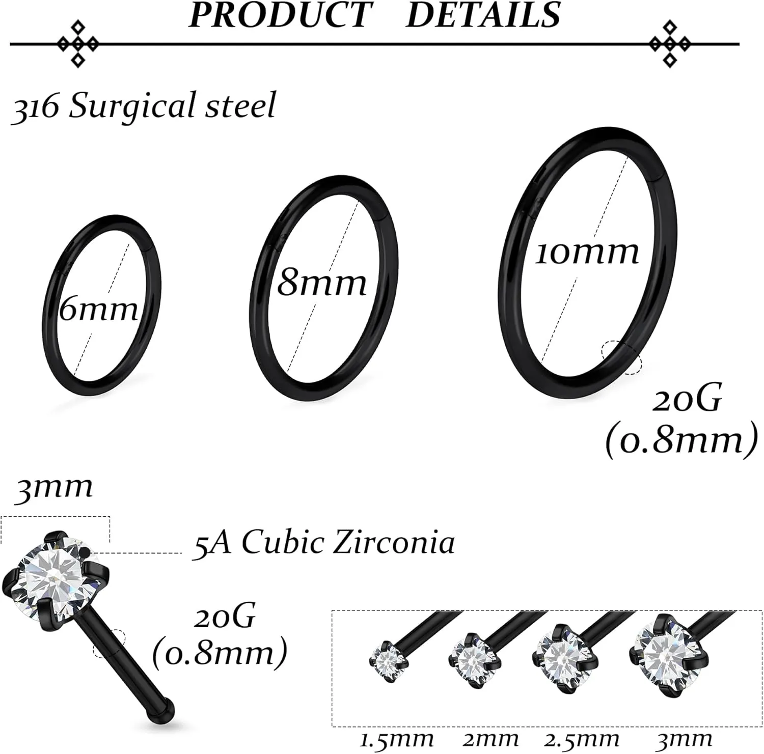 Vsnnsns 20G Nose Rings Studs Piercing Jewelry for Women 316L Surgical Stainless Steel L Shaped Corkscrew Straight Diamond CZ Hoop Nose Rings Studs Nostril Piercing Jewelry Hypoallergenic 20 Gauge