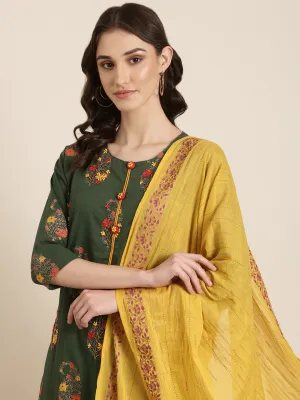 Women Green Floral Printed Regular Thread Work Kurta Set With Dupatta