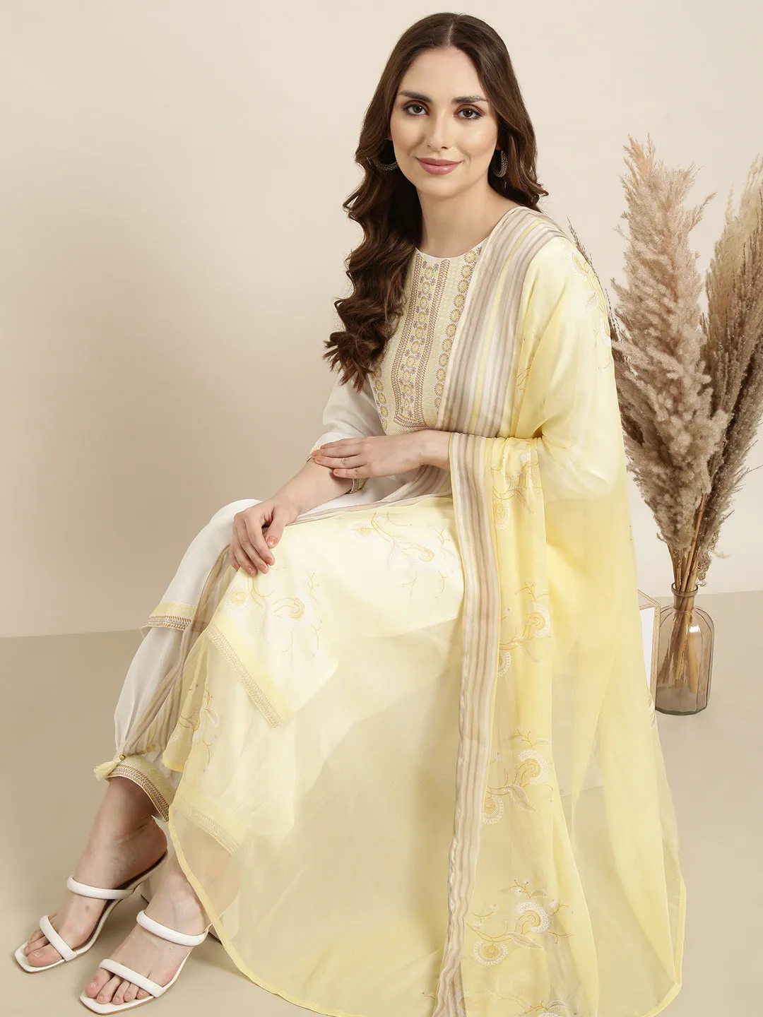 Women Straight Off White Solid Kurta Sets with Patiala & Dupatta