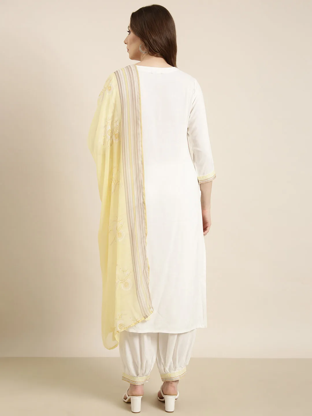 Women Straight Off White Solid Kurta Sets with Patiala & Dupatta