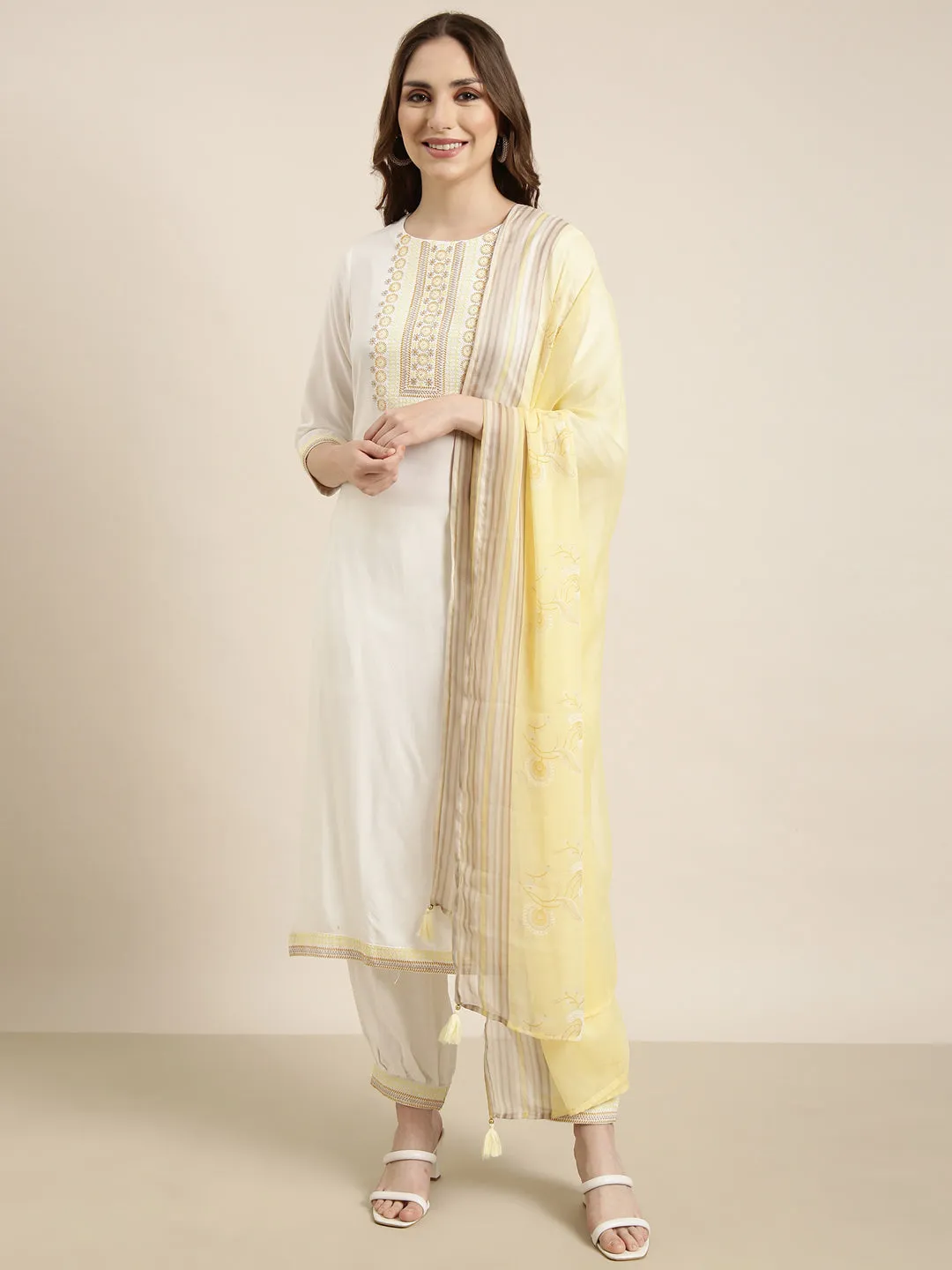 Women Straight Off White Solid Kurta Sets with Patiala & Dupatta