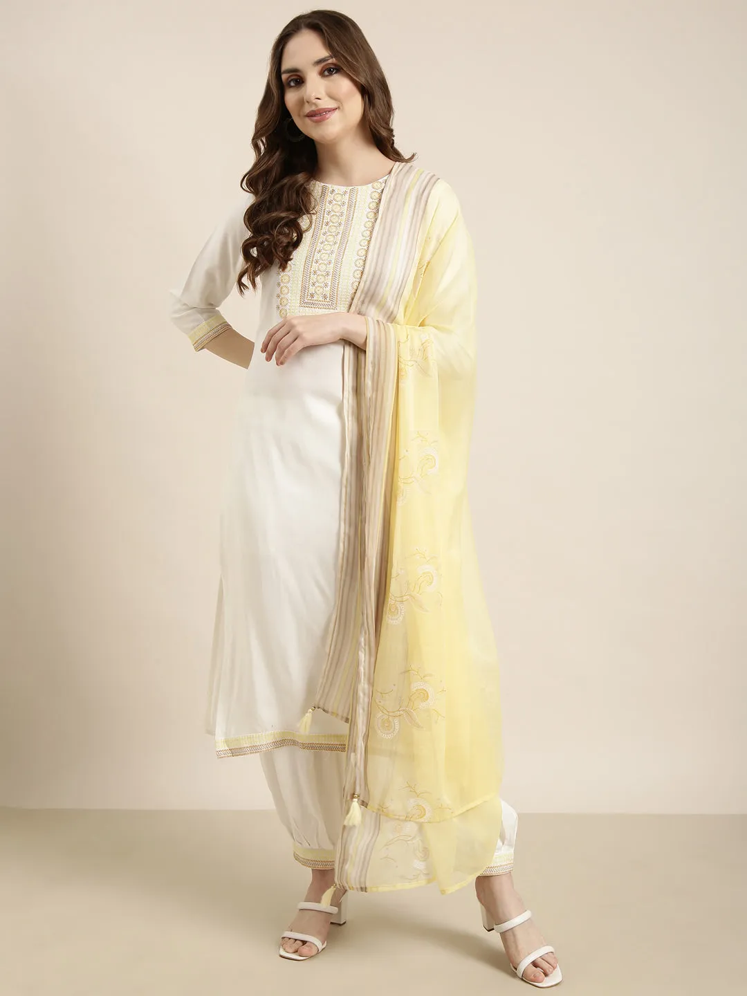 Women Straight Off White Solid Kurta Sets with Patiala & Dupatta