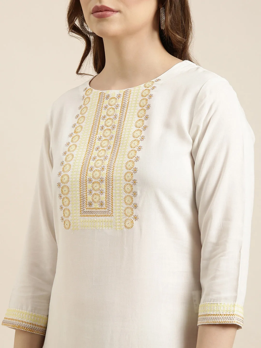 Women Straight Off White Solid Kurta Sets with Patiala & Dupatta