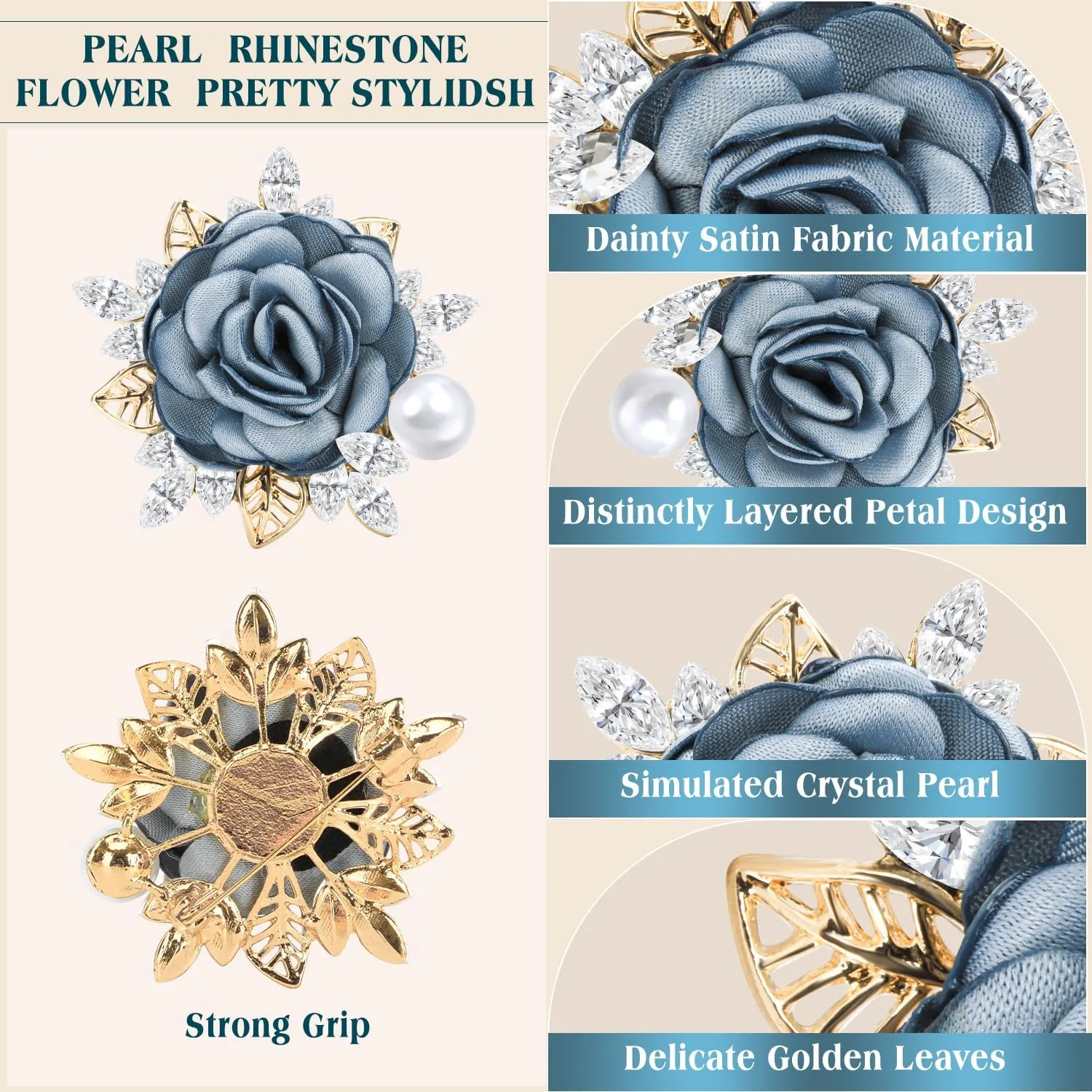 Yadiana Rose Flower Brooches and Pins for Women Men, Handmade Satin Fabric Flower Brooch Lapel Pins Elegant Crystal Pearl Brooch Pins Boutonniere for Clothes Fashion Accessories Jewelry Gift