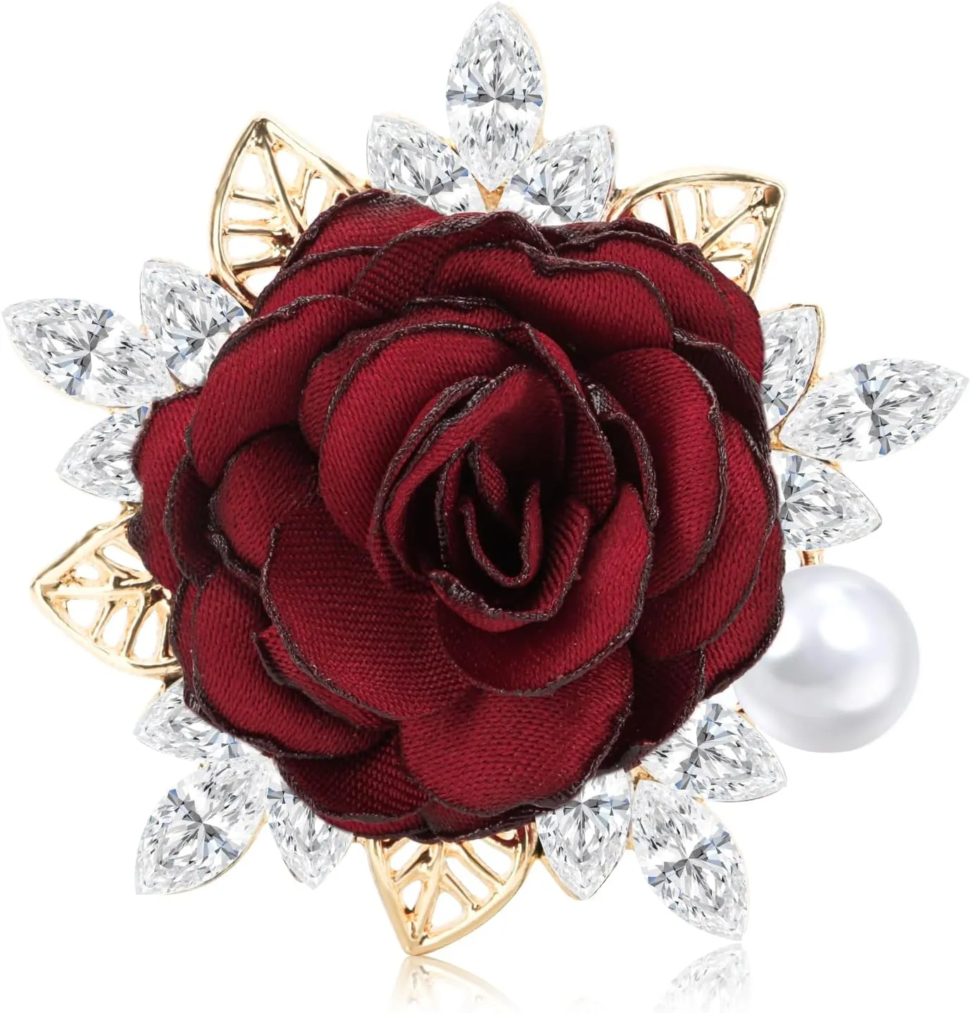 Yadiana Rose Flower Brooches and Pins for Women Men, Handmade Satin Fabric Flower Brooch Lapel Pins Elegant Crystal Pearl Brooch Pins Boutonniere for Clothes Fashion Accessories Jewelry Gift