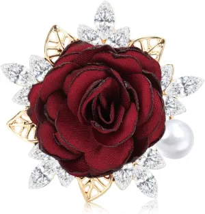 Yadiana Rose Flower Brooches and Pins for Women Men, Handmade Satin Fabric Flower Brooch Lapel Pins Elegant Crystal Pearl Brooch Pins Boutonniere for Clothes Fashion Accessories Jewelry Gift