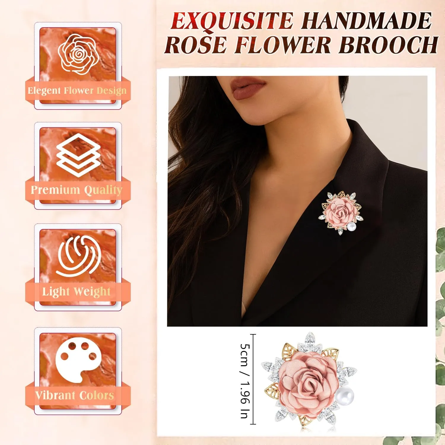 Yadiana Rose Flower Brooches and Pins for Women Men, Handmade Satin Fabric Flower Brooch Lapel Pins Elegant Crystal Pearl Brooch Pins Boutonniere for Clothes Fashion Accessories Jewelry Gift