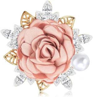 Yadiana Rose Flower Brooches and Pins for Women Men, Handmade Satin Fabric Flower Brooch Lapel Pins Elegant Crystal Pearl Brooch Pins Boutonniere for Clothes Fashion Accessories Jewelry Gift