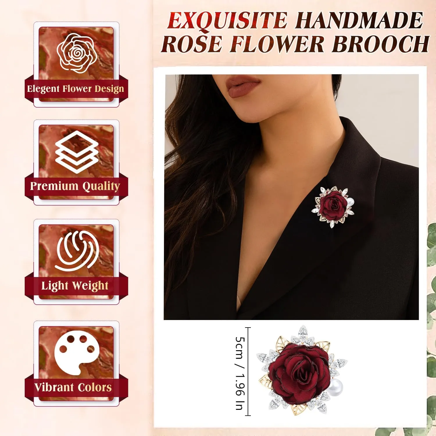 Yadiana Rose Flower Brooches and Pins for Women Men, Handmade Satin Fabric Flower Brooch Lapel Pins Elegant Crystal Pearl Brooch Pins Boutonniere for Clothes Fashion Accessories Jewelry Gift
