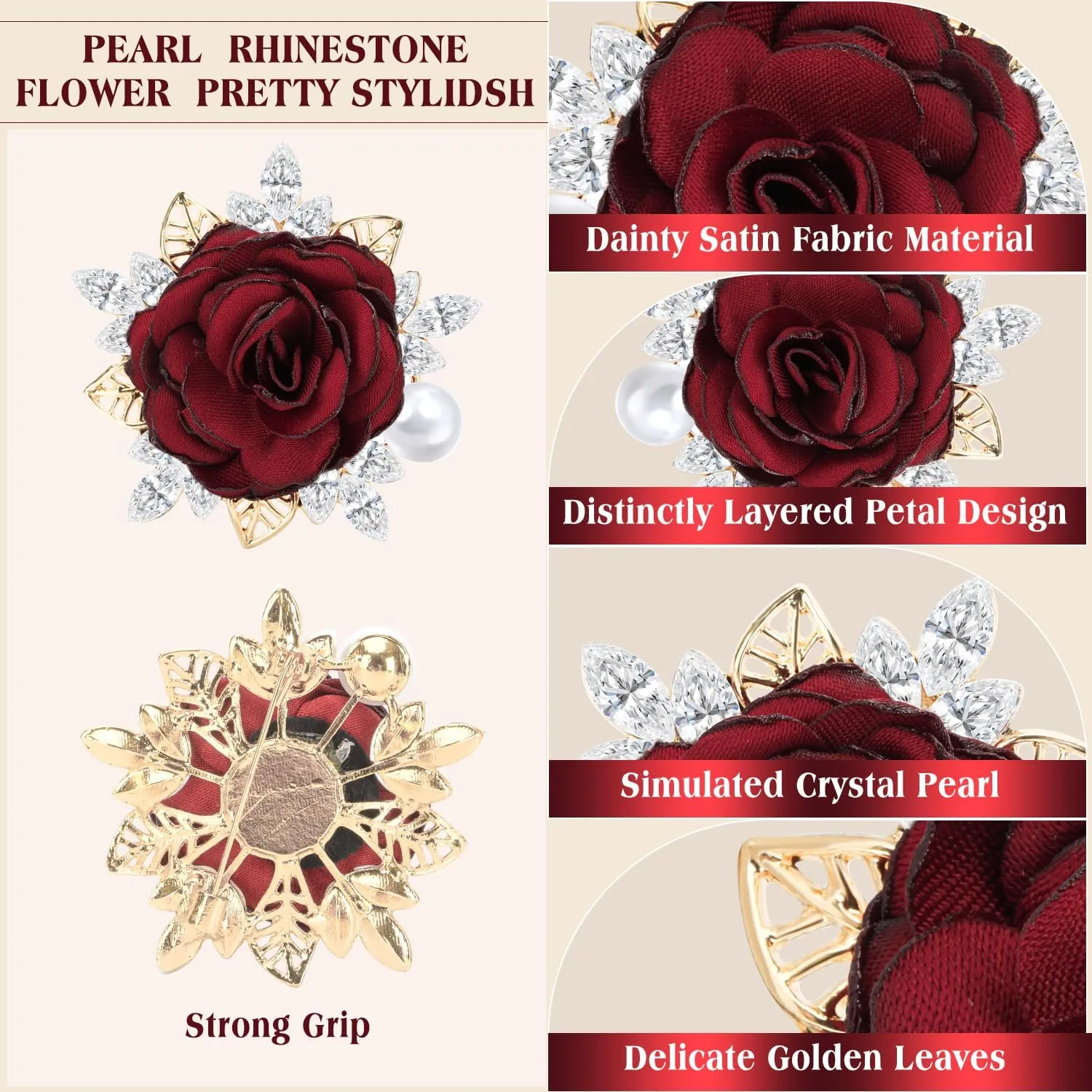Yadiana Rose Flower Brooches and Pins for Women Men, Handmade Satin Fabric Flower Brooch Lapel Pins Elegant Crystal Pearl Brooch Pins Boutonniere for Clothes Fashion Accessories Jewelry Gift
