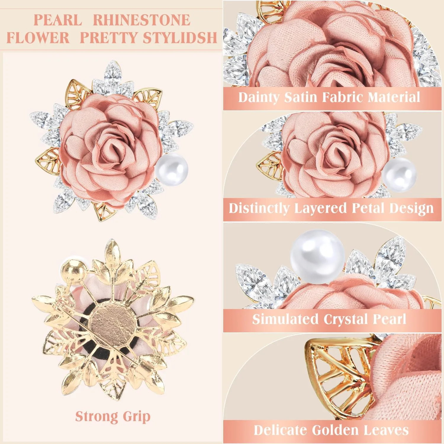 Yadiana Rose Flower Brooches and Pins for Women Men, Handmade Satin Fabric Flower Brooch Lapel Pins Elegant Crystal Pearl Brooch Pins Boutonniere for Clothes Fashion Accessories Jewelry Gift
