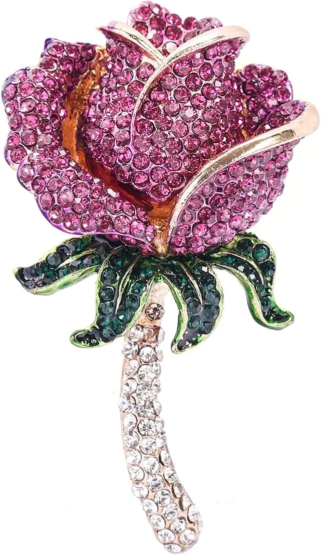 YOQUCOL Elegant Cubic Zirconia Crystal Rhinestone Red Rose Shape Brooch Pin for Women Grils