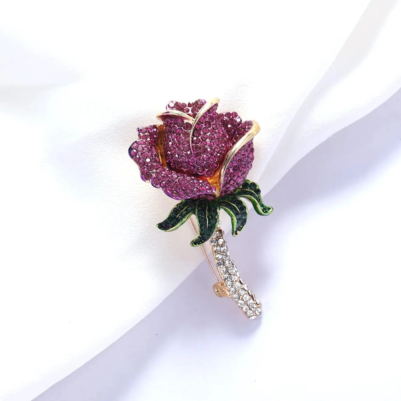 YOQUCOL Elegant Cubic Zirconia Crystal Rhinestone Red Rose Shape Brooch Pin for Women Grils